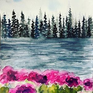 Lake and flowers trees watercolor painting